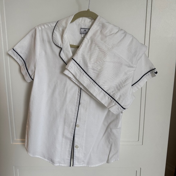 Petite Plume Women's Pajama Short Set in White with Navy Piping - Picture 3 of 3